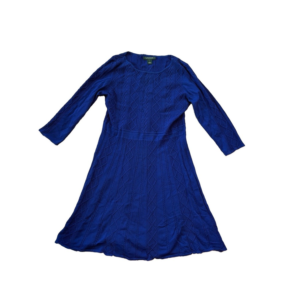 Lauren Ralph Lauren Blue Cable Knit Fit & Flare Round Neck Mini Dress Large Twee